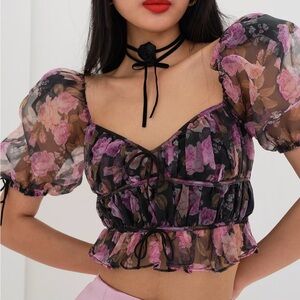 For Love and Lemons Purple and Pink Ruched Puff Sleeve Crop Blouse